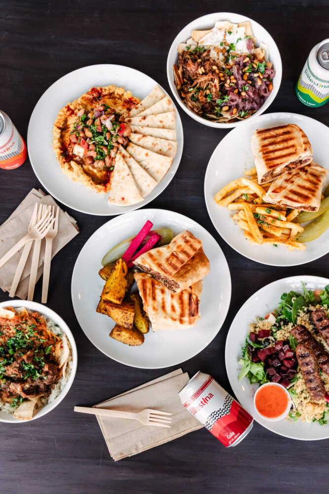 top down view of several koshary corner meals