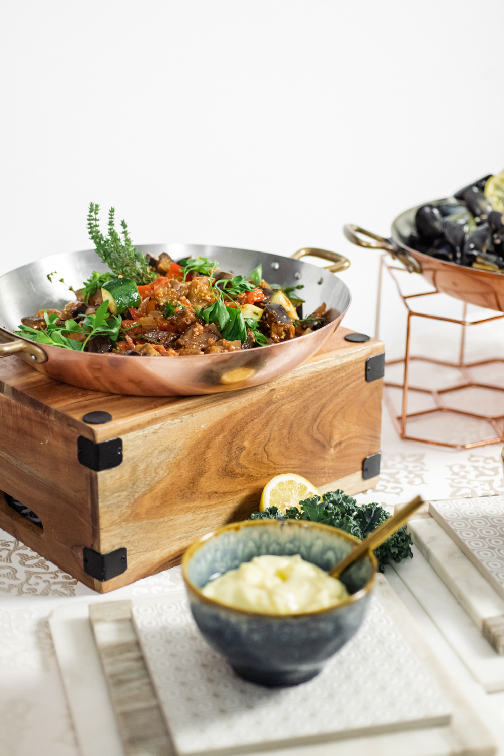 French buffet display for copper kitchen lookbook