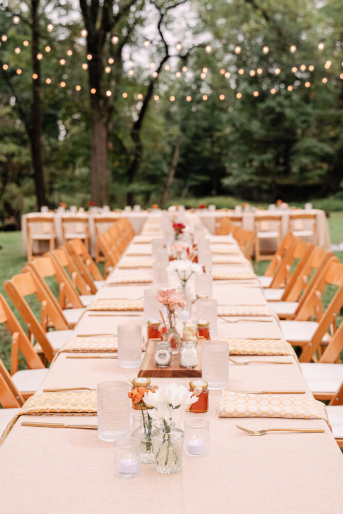 wide shot of tables at honey harvest