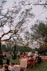 guests mingle at honey harvest event under string lights at twilight