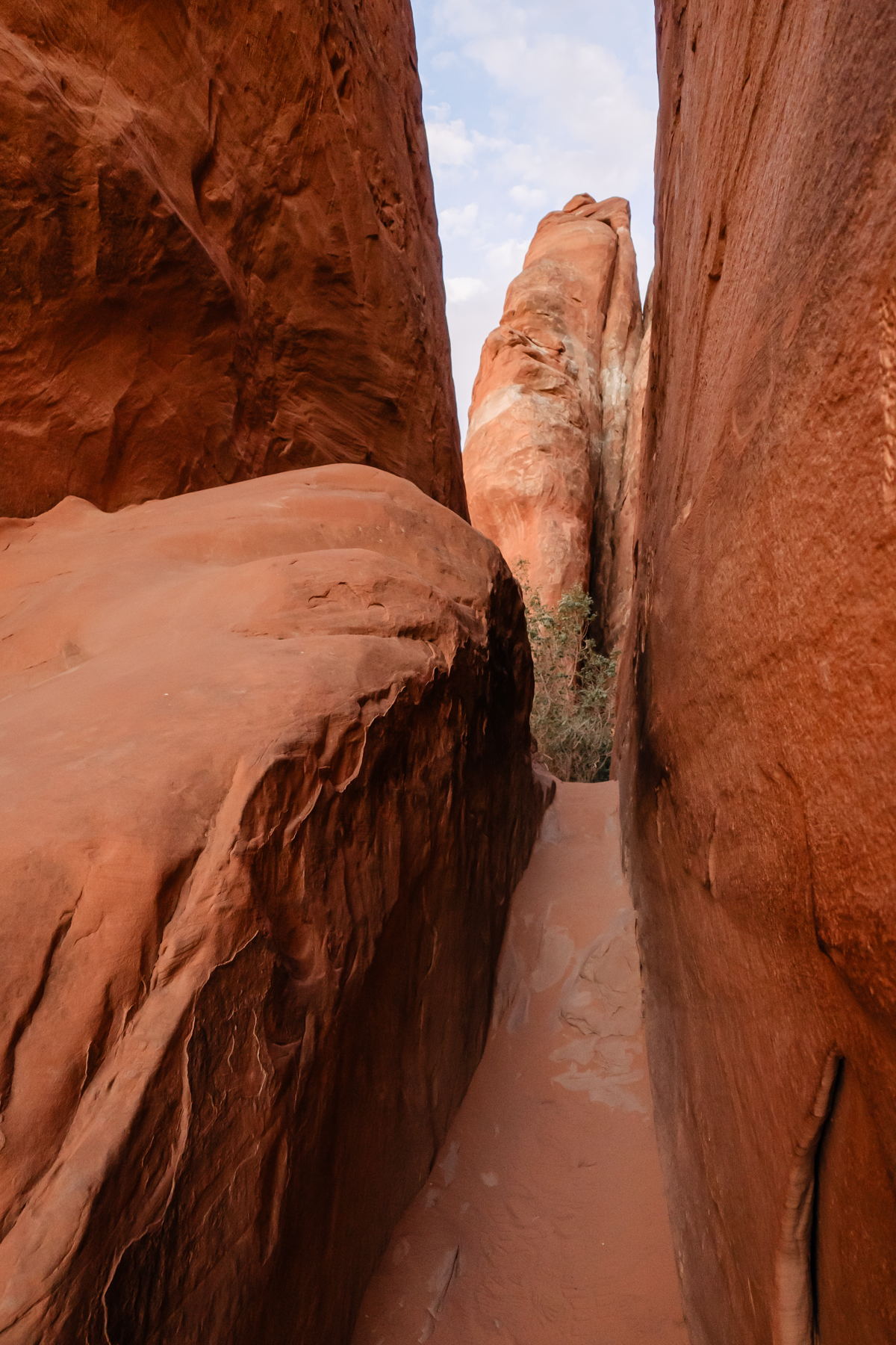 narrow path through big rocks at arches national park