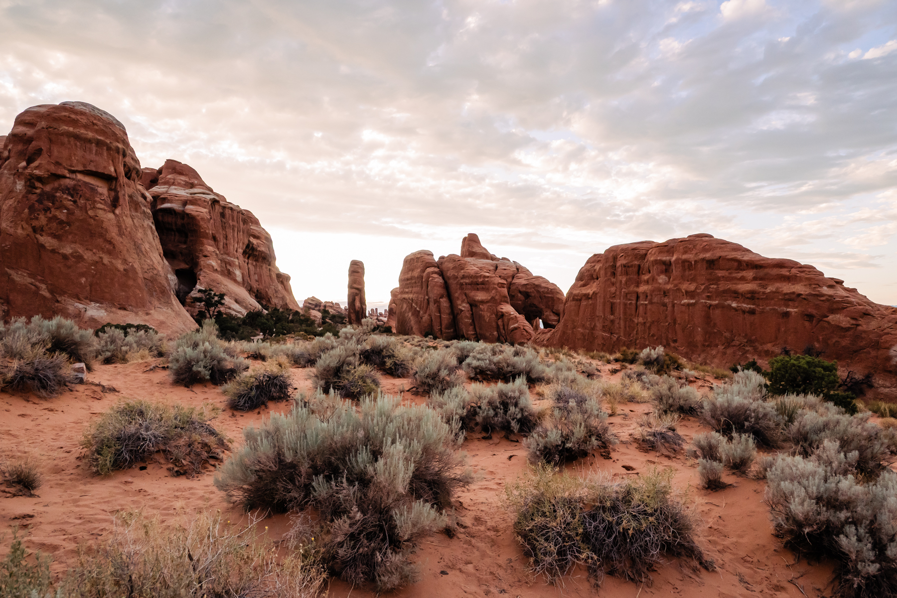 view of rocks at arches national park at sunset